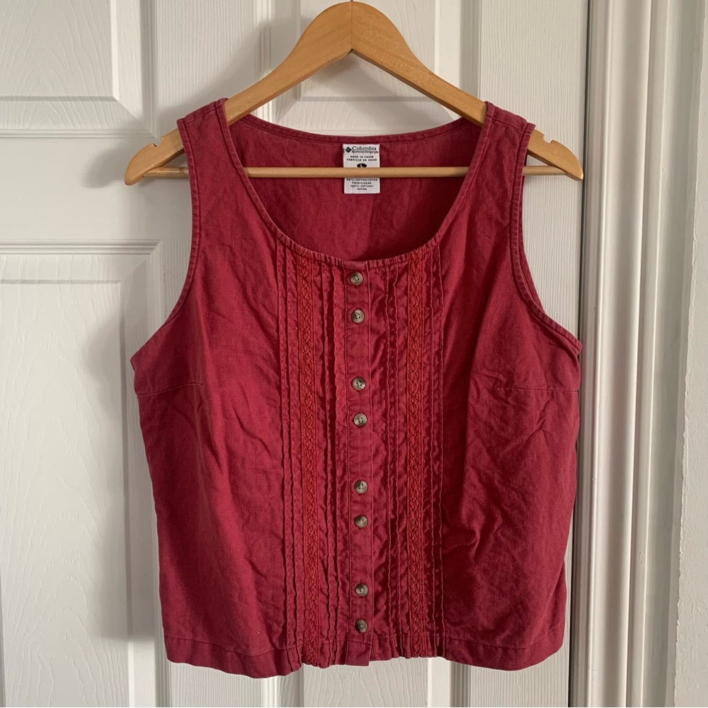 Columbia Red Linen Button Front Lace Sleeveless Tank Top